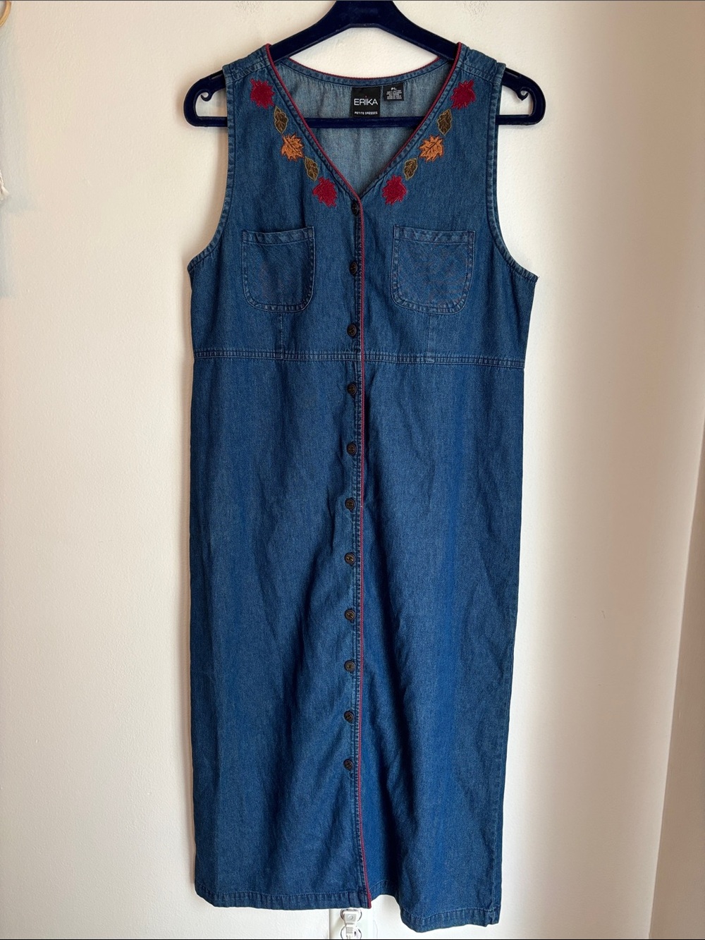 Vintage Denim dress Fall leaves embroidered button front cottagecore women’s PL
